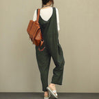 Jumpsuits for Women Loose Cotton Linen Overalls Wide Leg Short Pants Button down Tank Tops Casual Rompers Green