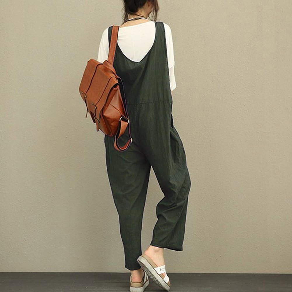 Jumpsuits for Women Loose Cotton Linen Overalls Wide Leg Short Pants Button down Tank Tops Casual Rompers Green