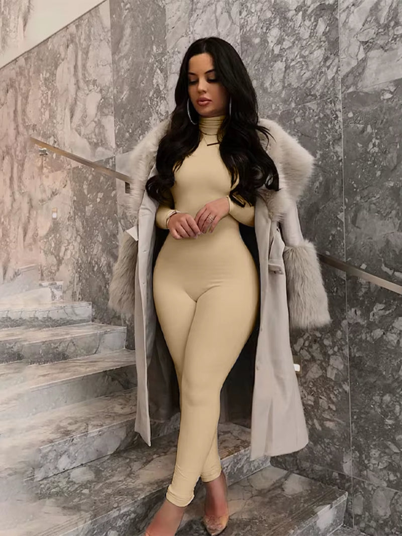 Long Sleeve Solid Turtleneck Skinny Bodycon Jumpsuit Autumn Winter Women Fashion Streetwear Casual Romper