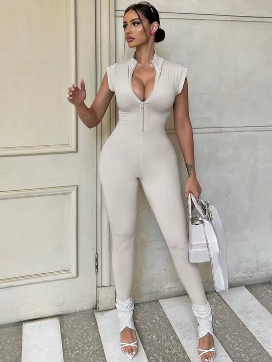 Women Fashion Sleeveless Zipper Neck Sexy Bodycon One Piece Jumpsuit 2023 Summer Streetwear Party Gym Romper Overalls