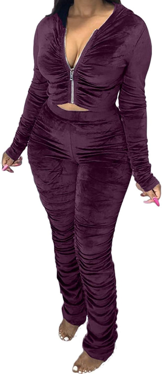 Women'S Two Piece Velour Sweatsuit Zip up Hoodie Coat Long Stacked Leggings Pants Set Tracksuit Sportwear Purple M