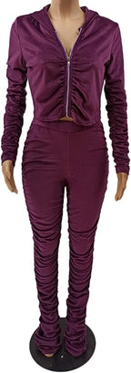 Women'S Two Piece Velour Sweatsuit Zip up Hoodie Coat Long Stacked Leggings Pants Set Tracksuit Sportwear Purple M
