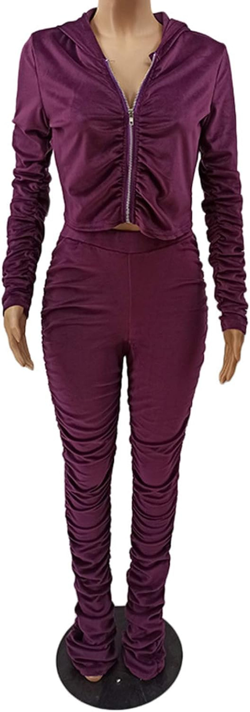 Women'S Two Piece Velour Sweatsuit Zip up Hoodie Coat Long Stacked Leggings Pants Set Tracksuit Sportwear Purple M