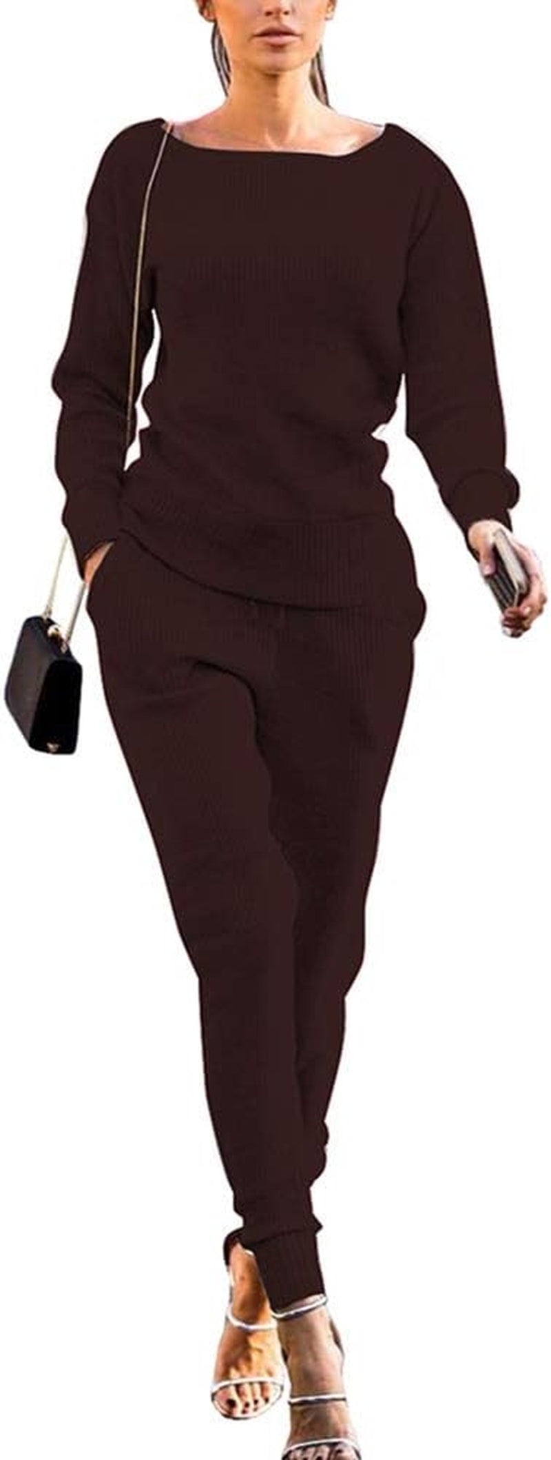 Womens Fall Rib-Knit Long Sleeve Pullover Sweater Top Drawstring Long Pants Set Two Piece Outfits Tracksuit Brown