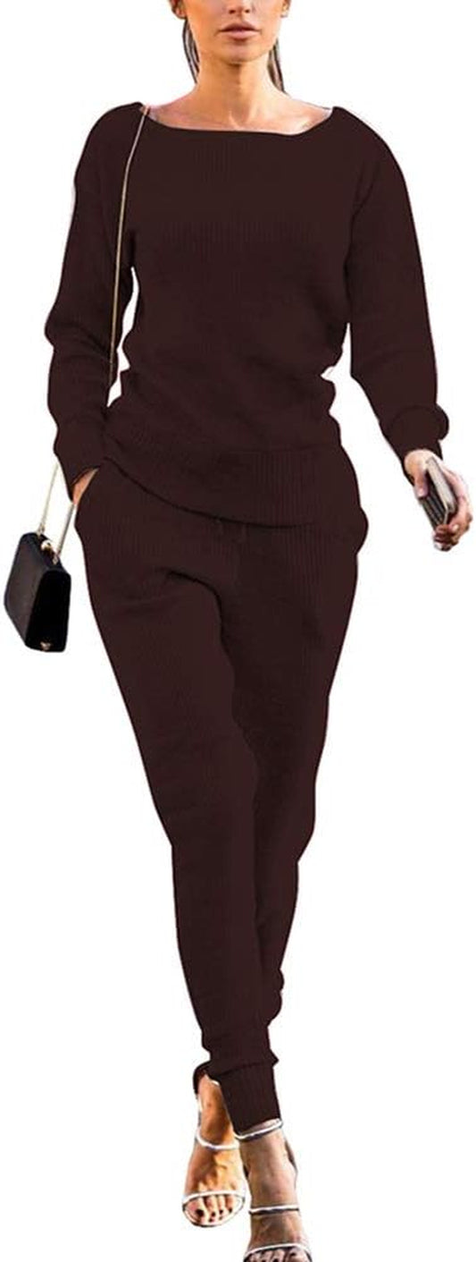 Womens Fall Rib-Knit Long Sleeve Pullover Sweater Top Drawstring Long Pants Set Two Piece Outfits Tracksuit Brown