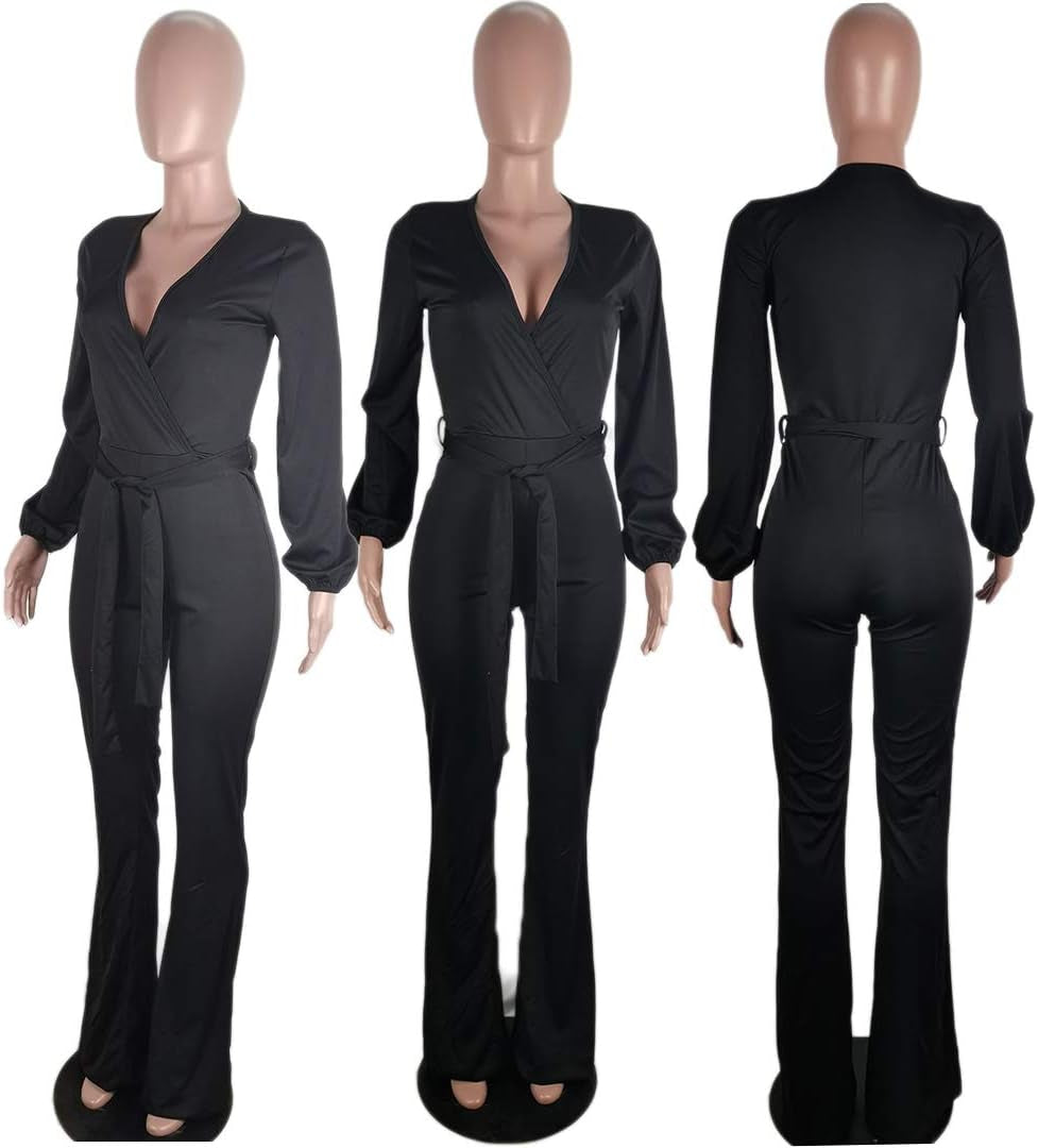 Jumpsuits for Women Elegant One Piece Outfits High Waist Bell Pants Suits Jumper with Belt plus Size