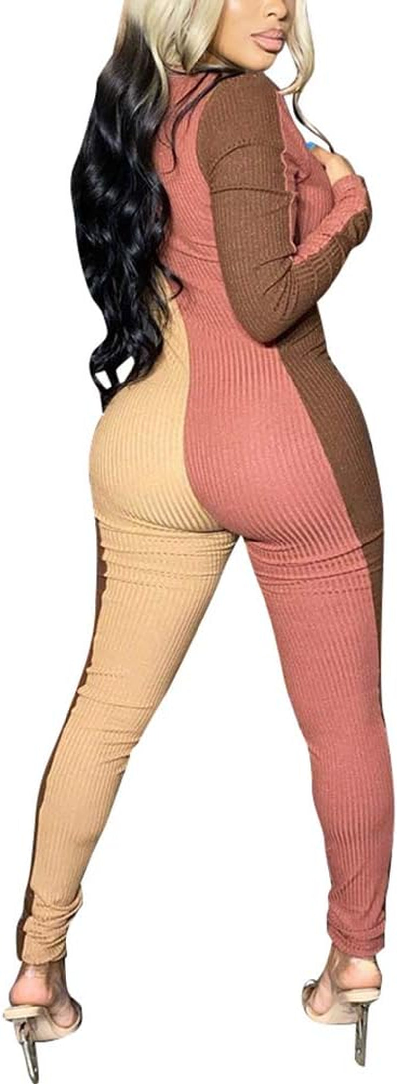 Womens Sexy Color Block Zip up Long Sleeve Bodycon Jumpsuits Clubwear Brown Size XXL