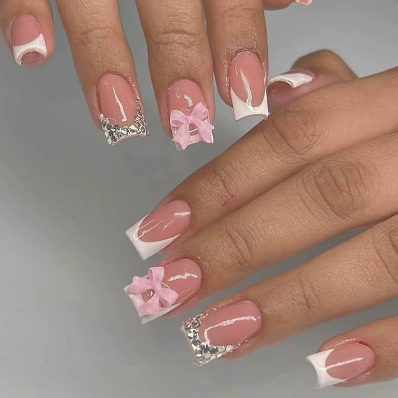 24Pcs Sweet Cat Eye French Press on Nails Diamond-Pointed Three Dimensional Bow Knot Wearable Nail for Women&Girl Almond Nail