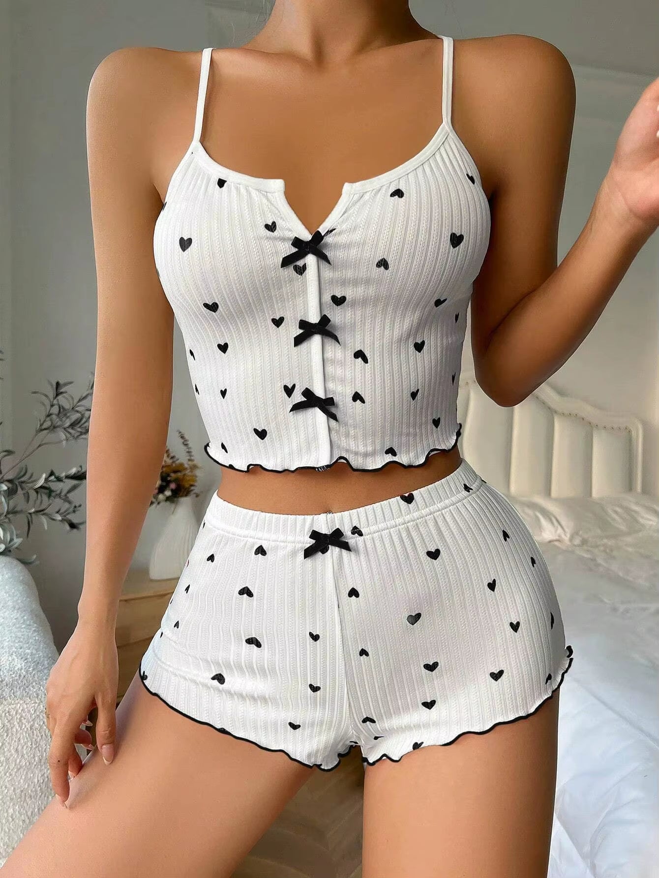 Women'S Cute Pajama Set Heart Print Lettuce Trim Bow Front Cami Top and Shorts Pj Set Soft Sleepwear