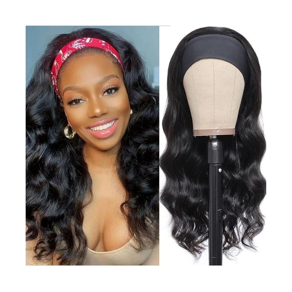 Wig for Women Headband Wig Body Wave Human Hair Wig Glueless None Lace Front Wig for Black Woman Natural Color Remy Full Machine Wear and Go Wigs 180% Density Wig(24Inches)