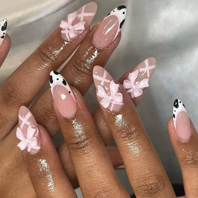 24Pcs Sweet Cat Eye French Press on Nails Diamond-Pointed Three Dimensional Bow Knot Wearable Nail for Women&Girl Almond Nail