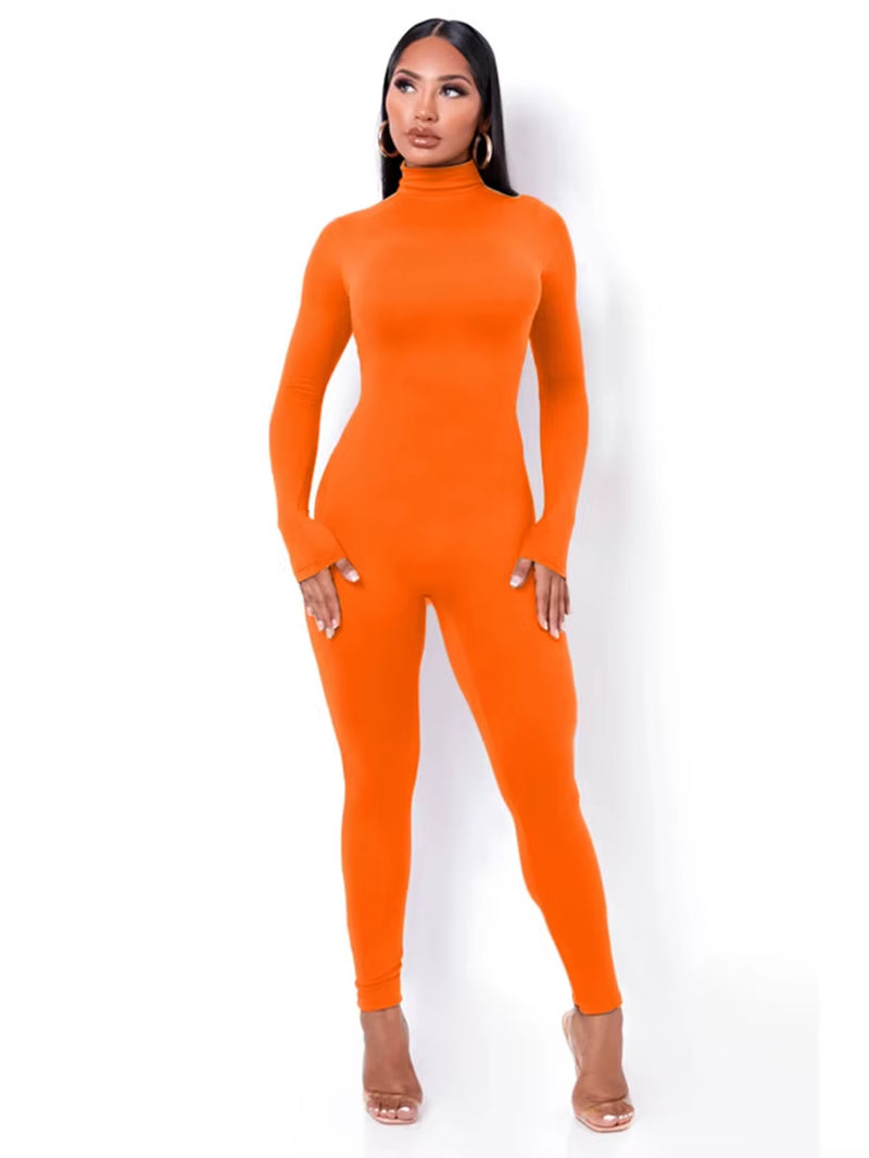 Long Sleeve Solid Turtleneck Skinny Bodycon Jumpsuit Autumn Winter Women Fashion Streetwear Casual Romper