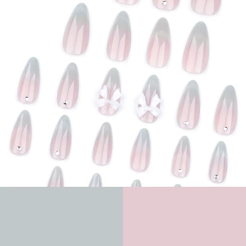 24Pcs Sweet Cat Eye French Press on Nails Diamond-Pointed Three Dimensional Bow Knot Wearable Nail for Women&Girl Almond Nail