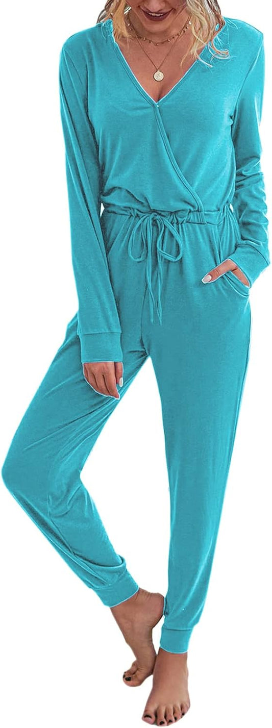 Women Jumpsuits Long Sleeve: Casual Pant Rompers for Womens V Neck Jumper One Piece Outfits with Pockets S-XXL