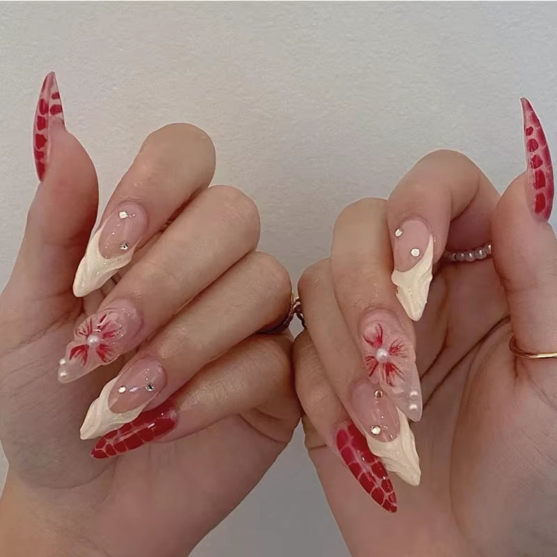 24Pcs Sweet Cat Eye French Press on Nails Diamond-Pointed Three Dimensional Bow Knot Wearable Nail for Women&Girl Almond Nail