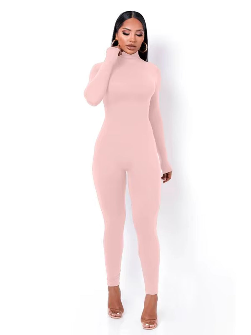 Long Sleeve Solid Turtleneck Skinny Bodycon Jumpsuit Autumn Winter Women Fashion Streetwear Casual Romper