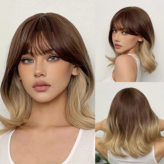 Brown Curly Synthetic Wig Short Wavy Bob Ombre Wigs Platinum Highlight Wig Daily Party Wig for Women Heat Resistant Wig