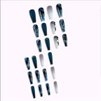 Long Press on Nails Navy Blue Coffin Fake Nails French Marble False Nails with Glitter Designs Rhinestones Glue on Nail Matte Stick on Artificial Nails for Women 24Pcs