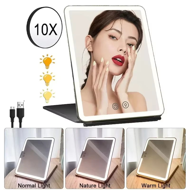 LED Makeup Mirror 10X Magnifying Mirror with Lights Portable Foldable Travel Desk Vanity Table Bath Bedroom Mirrors Makeup Tools