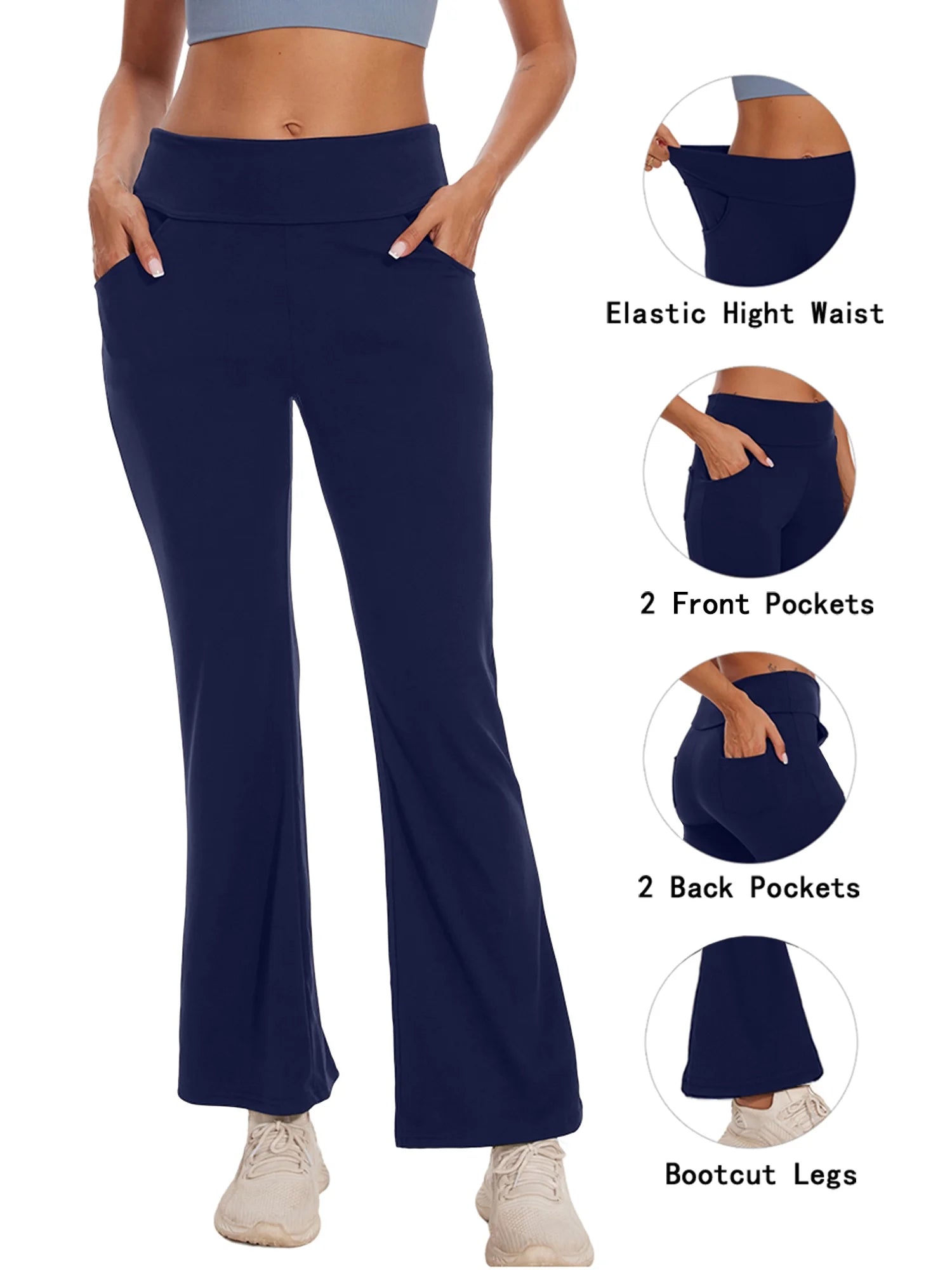Womens Bootcut Yoga Pants with Pockets Flare Workout Legging High Waist Bootleg Bottoms Activewear Navy Blue 3XL