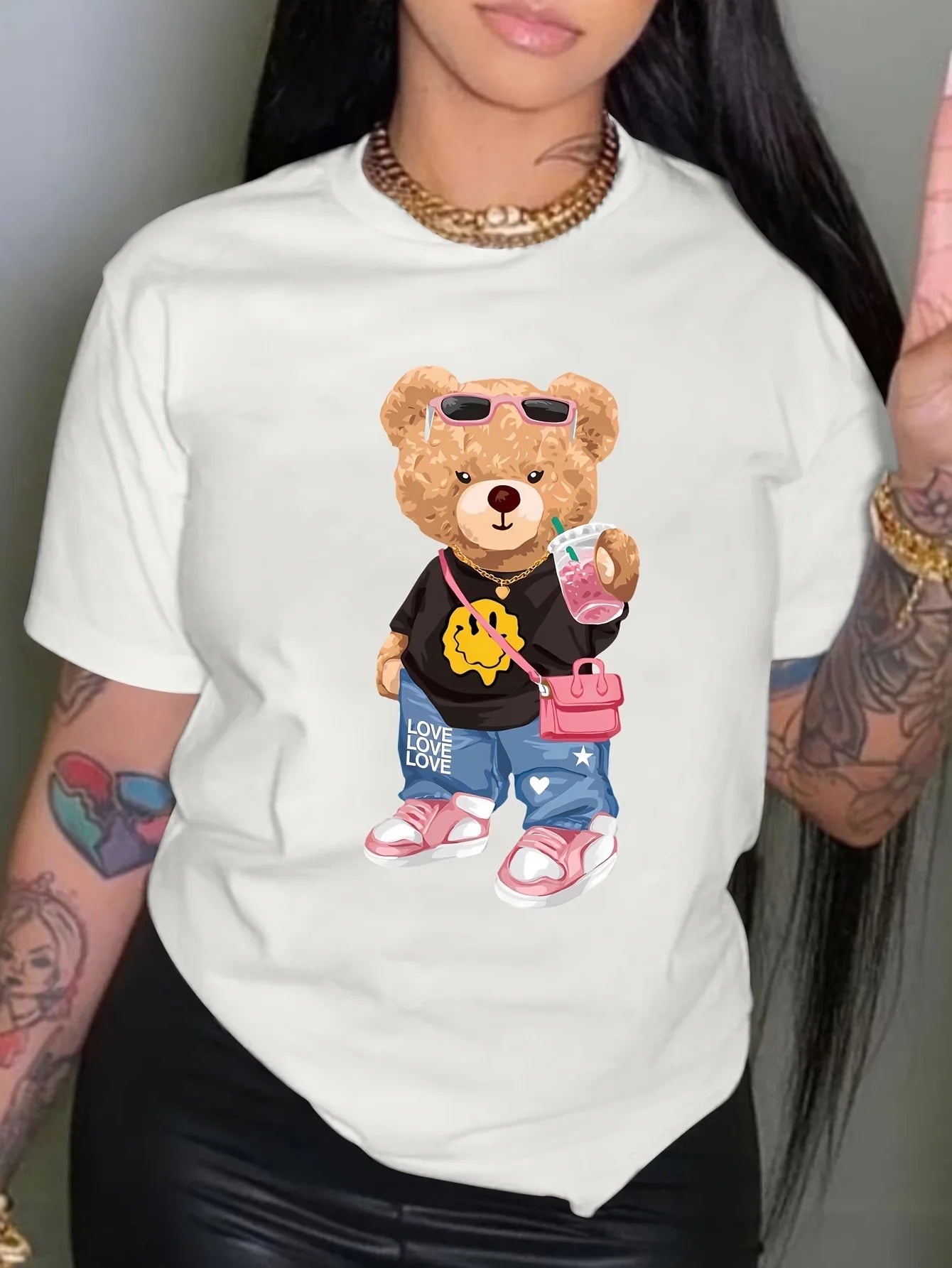 Kawaii Little Bear Print T-Shirt Short Sleeve Crew Neck Casual Top for Summer Spring Women'S Clothing Shirt