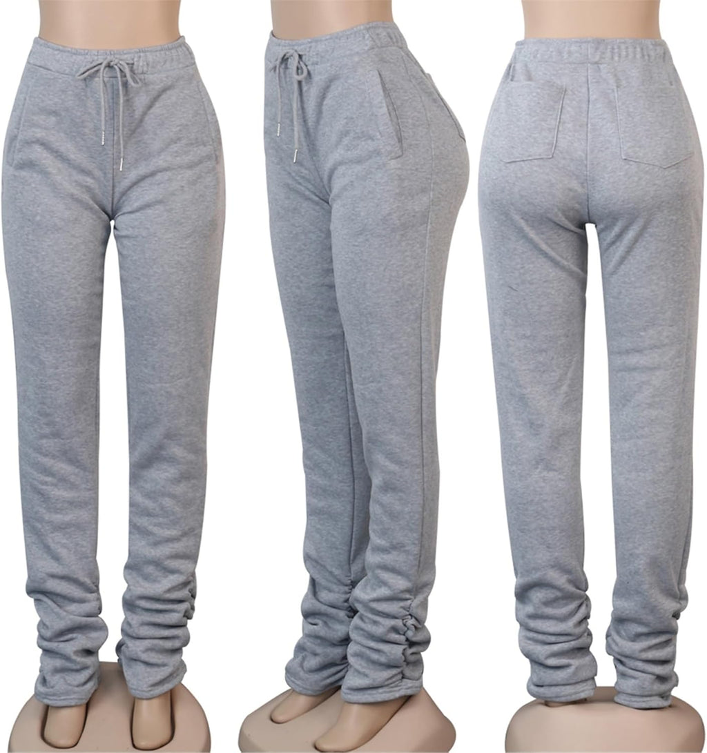 Women Stacked Sweatpants Thick Warm Fleece Lined Pants Drawstring Waist Ruched Active Joggers