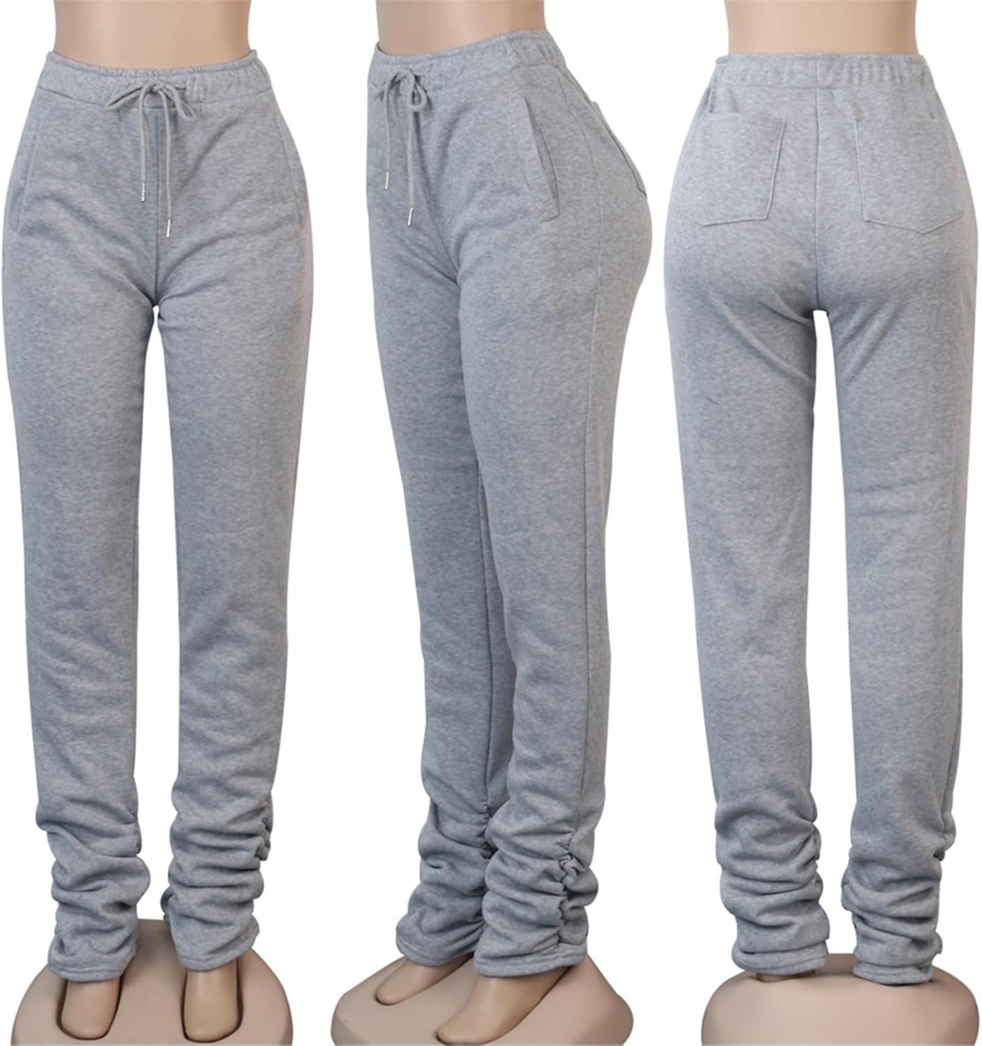Women Stacked Sweatpants Thick Warm Fleece Lined Pants Drawstring Waist Ruched Active Joggers