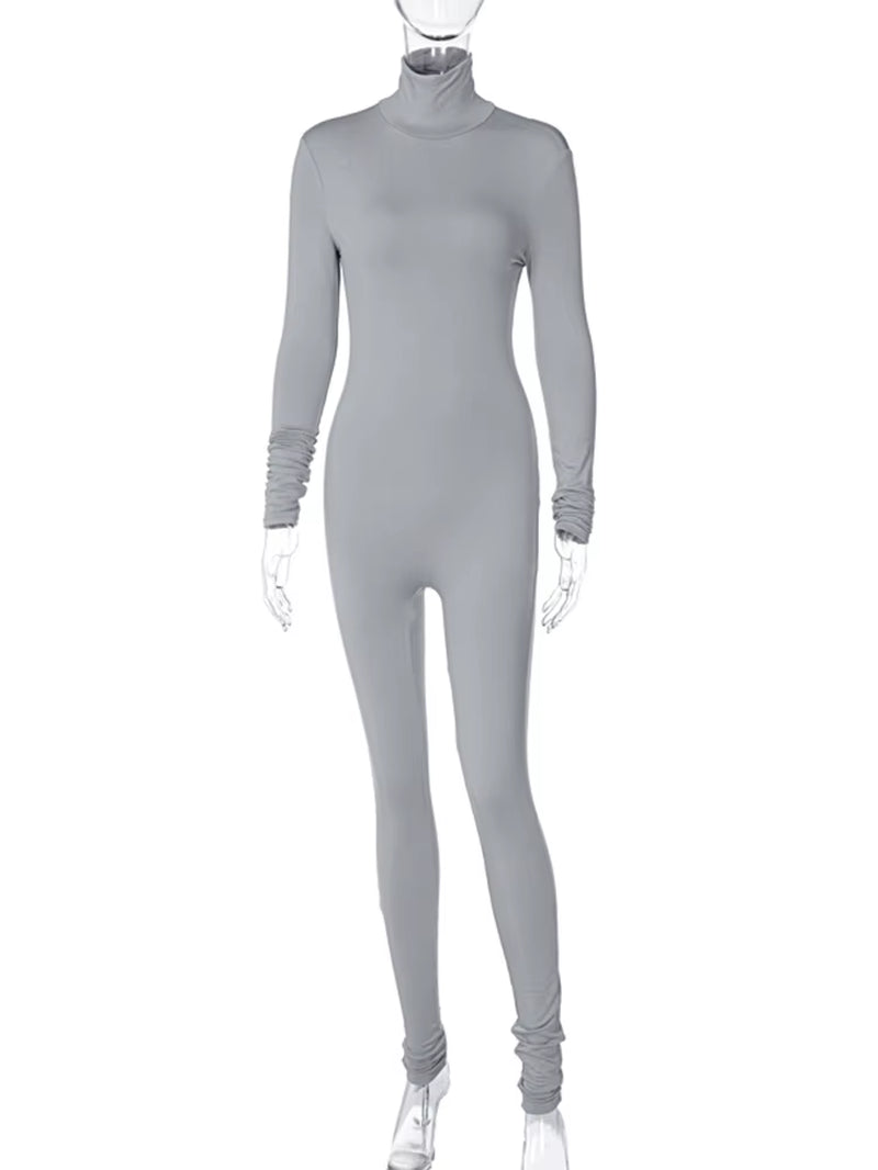 Long Sleeve Solid Turtleneck Skinny Bodycon Jumpsuit Autumn Winter Women Fashion Streetwear Casual Romper