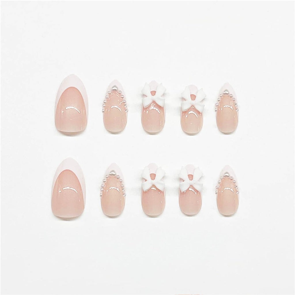 24Pcs Almond Shaped Artificial Nails - French Tips with Cute Bow Charms Design - Nude Pink Acrylic Nails for Women & Girls