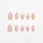 24Pcs Almond Shaped Artificial Nails - French Tips with Cute Bow Charms Design - Nude Pink Acrylic Nails for Women & Girls