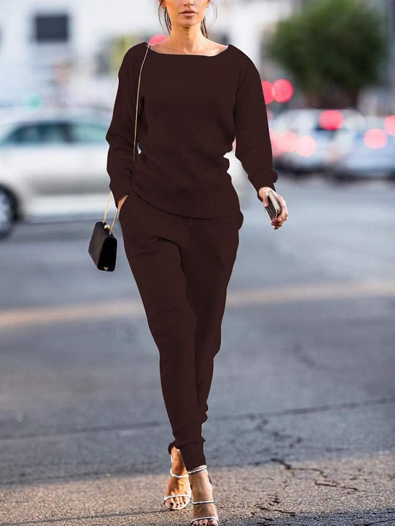 Womens Fall Rib-Knit Long Sleeve Pullover Sweater Top Drawstring Long Pants Set Two Piece Outfits Tracksuit Brown