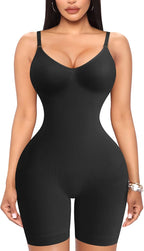 Women Seamless V Neck Bodysuit Tops Slim Fit Full Body Shaper Comfort Shapewear Butt Lifter Leotard Stretchy Jumpsuit (Black, Medium/Large)