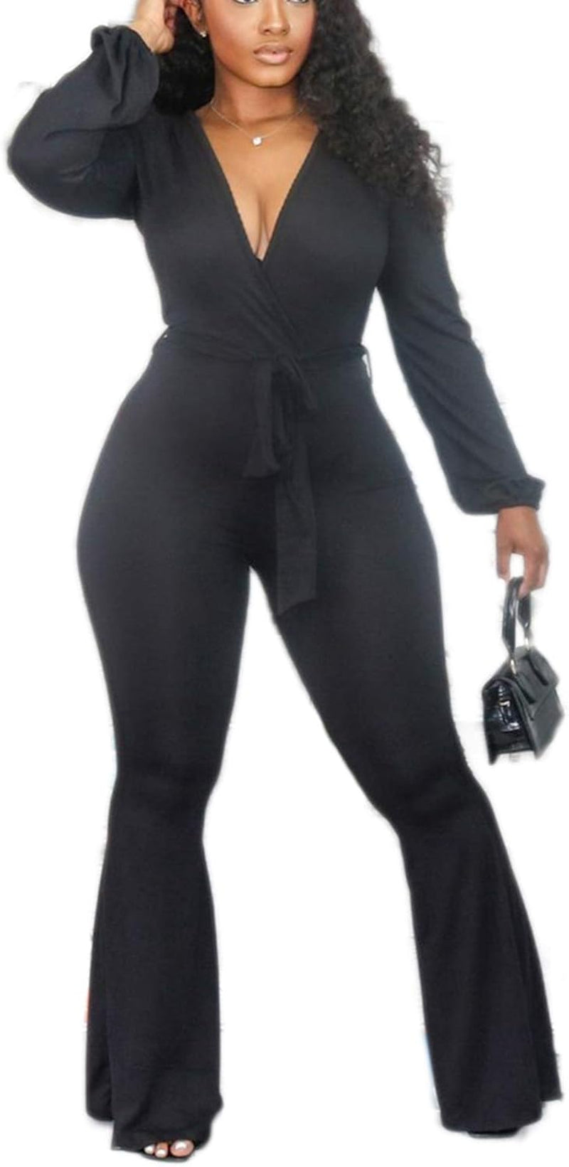 Jumpsuits for Women Elegant One Piece Outfits High Waist Bell Pants Suits Jumper with Belt plus Size