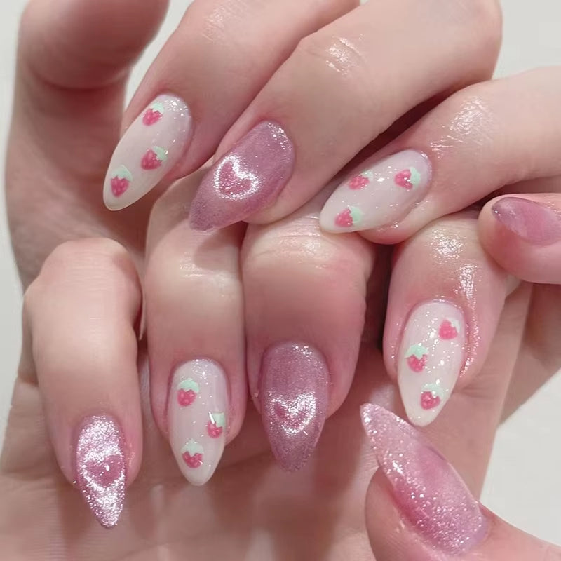24Pcs Sweet Cat Eye French Press on Nails Diamond-Pointed Three Dimensional Bow Knot Wearable Nail for Women&Girl Almond Nail