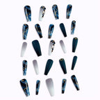Long Press on Nails Navy Blue Coffin Fake Nails French Marble False Nails with Glitter Designs Rhinestones Glue on Nail Matte Stick on Artificial Nails for Women 24Pcs