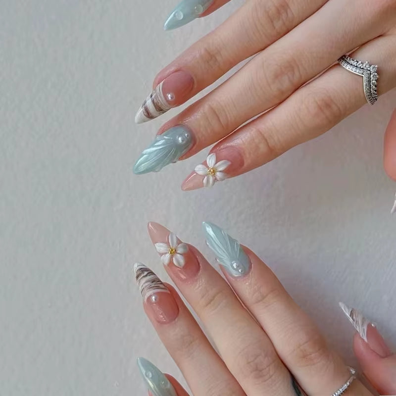 24Pcs Sweet Cat Eye French Press on Nails Diamond-Pointed Three Dimensional Bow Knot Wearable Nail for Women&Girl Almond Nail