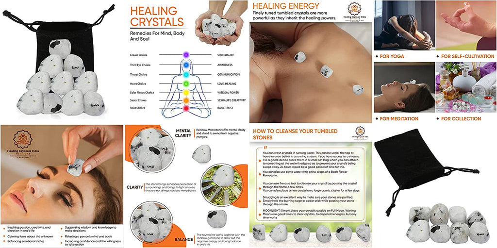 Healing Crystals Rainbow Moonstone Tumbled Stones- Healing Stones and Crystals for Beginners- 8 Piece Real Crystals and Healing Stones - Tumbled Crystals for Witchcraft (8, Rainbow Moonstone)