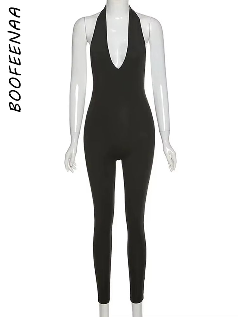 Backless Halter Deep V Neck Bodycon Jumpsuit Women Rompers Sexy Club Jumpsuits Sporty One Piece Outfits C87-BB20