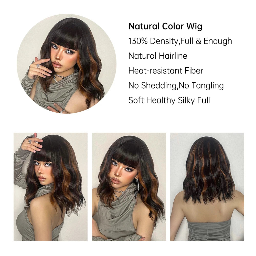 Brown Curly Synthetic Wig Short Wavy Bob Ombre Wigs Platinum Highlight Wig Daily Party Wig for Women Heat Resistant Wig