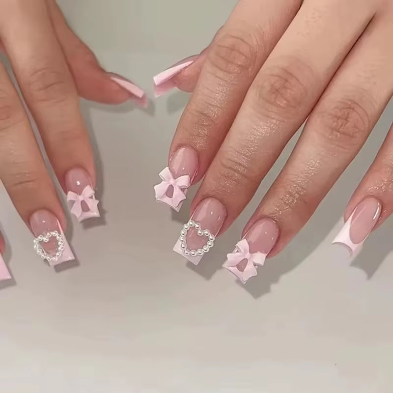 24Pcs Sweet Cat Eye French Press on Nails Diamond-Pointed Three Dimensional Bow Knot Wearable Nail for Women&Girl Almond Nail