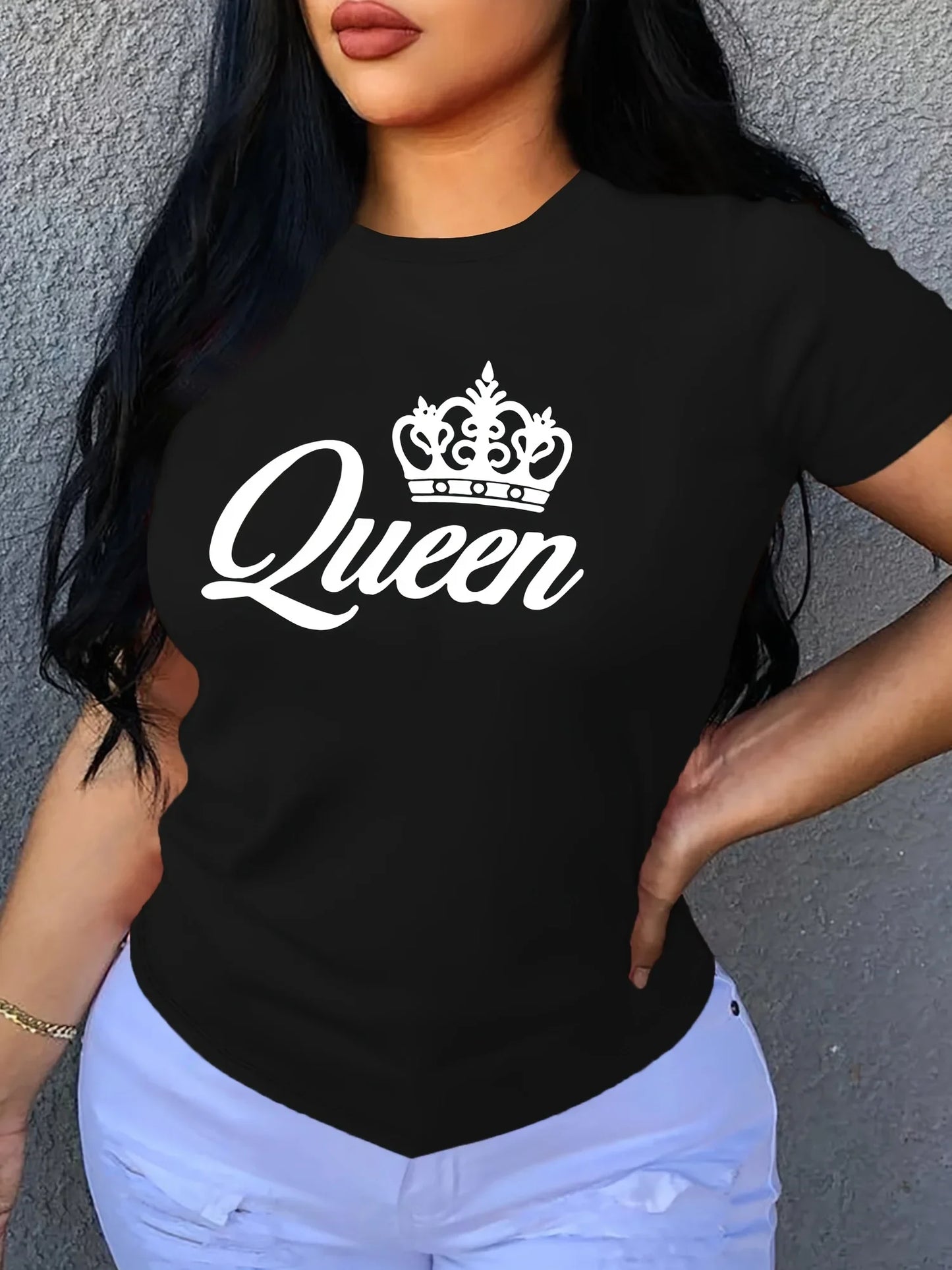 Short Sleeve Crown Letter Print Crew Neck T-Shirt for Spring & Summer Casual Women'S Clothing
