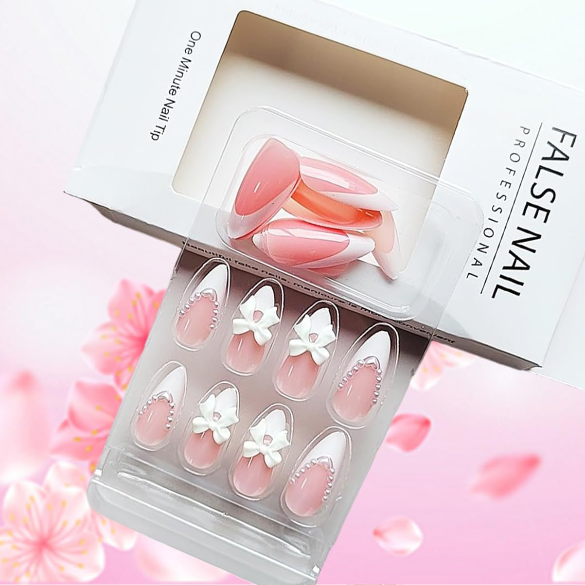 24Pcs Almond Shaped Artificial Nails - French Tips with Cute Bow Charms Design - Nude Pink Acrylic Nails for Women & Girls