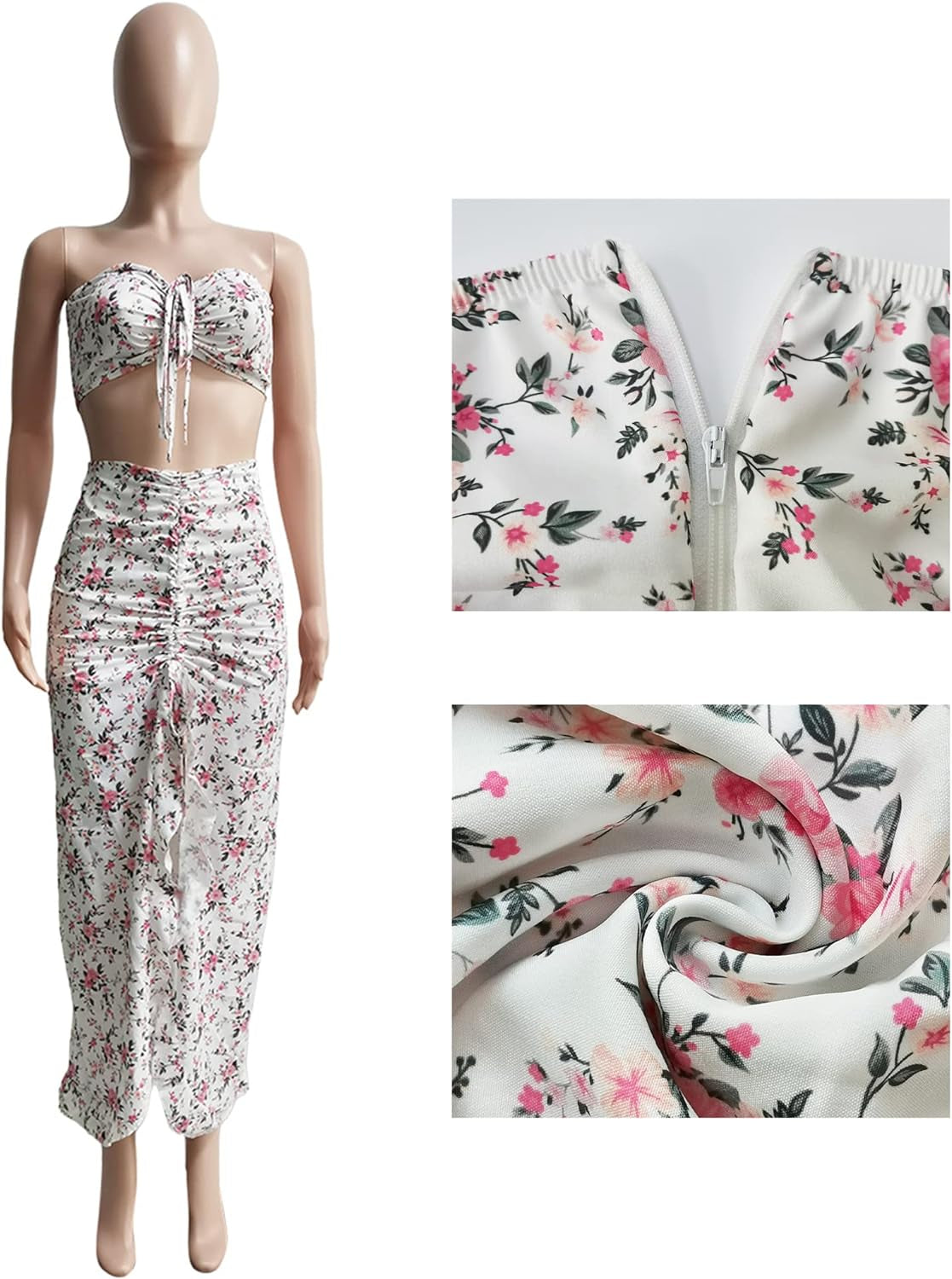2 Piece Outfits for Women Skirt Sets Summer Two Piece Boho Floral Print Beach Maxi Dress Sexy Crop Tube Top Jumpsuit White L