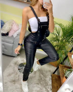 Elegant Women'S Shoulder Strap Jumpsuit Square Neck Sleeveless Pu Leather Buckle Zipper Suspender Sexy Tight Fitting Jumpsuit